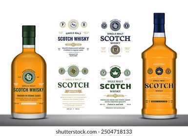 Vector scotch whisky labels and whisky glass bottle mockup