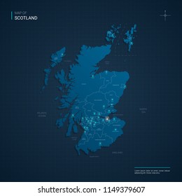 Vector Scotland map illustration with blue neon lightpoints - triangle on dark blue gradient background. Administrative divisions, cities, borders, capital. Neon tech background with glow. 