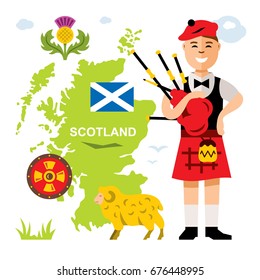 Vector Scottish bagpiper. Flat style colorful Cartoon illustration.