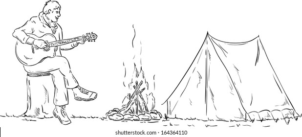 vector - Scout toca la guitarra en un trozo de árbol en el campamento