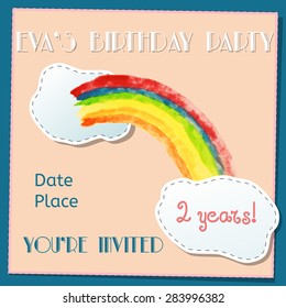 Vector Scrap book childish card with Watercolor colorful hand drawn rainbow. Happy birthday invitation card background with scrap book clouds. Baby shower card template.