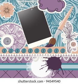 vector scrapbook design pattern on seamless  background. includes elements that can be used separately:photo frame, brush, snail, dragonfly, buttons, cloud, napkin, and flower