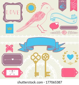 Vector scrapbook elements: hand drawn bird, photo frame, ribbon, button and tag collection for your design or scrapbook