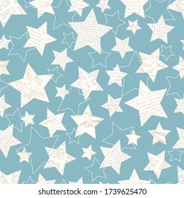 Vector scrapbook seamless pattern with white cartoon grid, crumpled, handwritten letters, typewriter and outline paper stars on blue background 