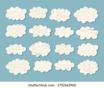 Vector scrapbook set with white cartoon grid, crumpled, handwritten letters and typewriter paper clouds isolated on blue background 