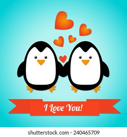 Vector Scrap-book Valentines day card with two penguins and hearts on blue background