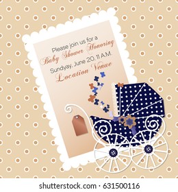 Vector  Scrap-booking card with the vintage stroller. Baby shower invitation template