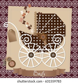 Vector  Scrap-booking card with the vintage stroller. Baby shower invitation template