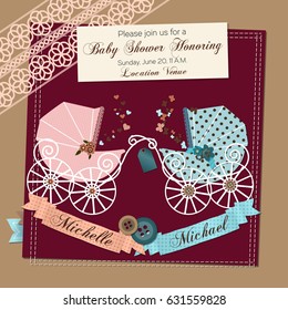 Vector Scrap-booking card with the vintage stroller. Baby shower invitation template