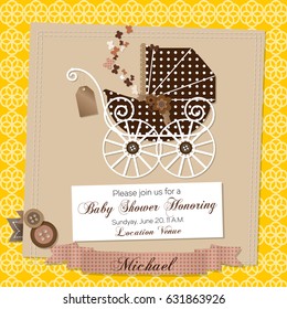 Vector Scrap-booking card with the vintage stroller. Baby shower invitation template