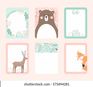 Vector scrapbooking journaling cards templates with cute forest animals, bear, fox, deer. 