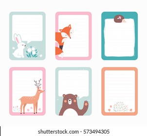 Vector scrapbooking journaling cards templates with cute forest animals, bear, hedgehog, fox, rabbit, deer. 