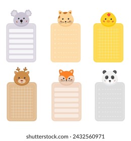 Vector scrapbooking journaling, notepads, memo pads for kids, notebook page template. To do list, notes, my plans page. A collection of cute animal label stickers with cute animals shaped page.