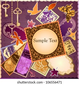 Vector scrapbooking luxury card with marks and stickers. Every object can be moved and used separately.