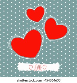Vector scratched red hearts and dots. Invitation card
