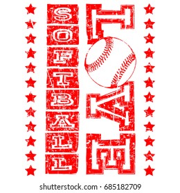 Vector scratched red inscription love softball with stars. Design for tattoo or print t-shirt.