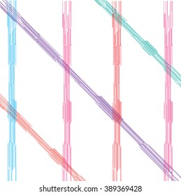 Vector scratches bold plaid pattern with thin brushstrokes and thin stripes hand painted in bright red, green, blue colors. Dynamic striped print texture for fall winter retro fashion and sportswear