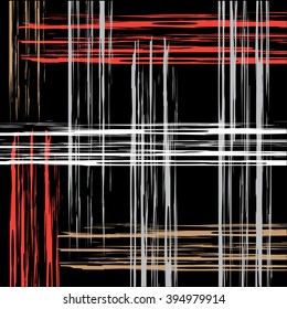 Vector scratches bold plaid pattern with thin brushstrokes and thin stripes . Dynamic striped print texture for fall winter retro fashion and sportswear