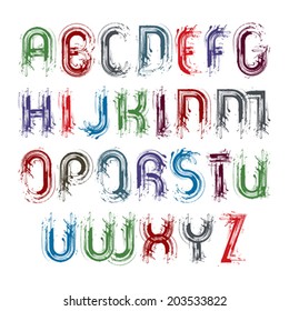 Vector scrawl hand-painted colorful capital letters isolated on white background, acrylic uppercase art script with brushstrokes.