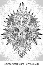 vector screaming skull face with feathered headdress