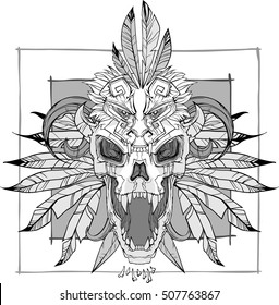 vector screaming skull face with feathered headdress