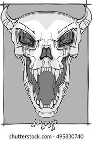 vector screaming skull face with horns and fangs