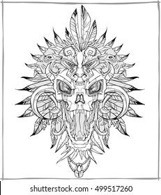 vector screaming skull face with horns and fangs