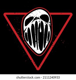 Vector screaming skull face image with the red triangle, on black background.