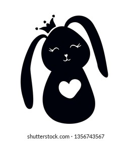 vector screen image on isolated background. little bunny with a heart and crown. illustration for children.
