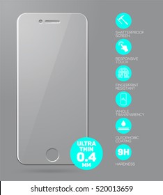 Vector Screen Protector Film Or Glass Cover Isolated On Grey Background, Mobile Accessory.