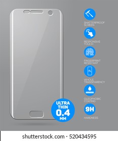 Vector Screen Protector Film Or Glass Cover Isolated On Grey Background, Mobile Accessory.