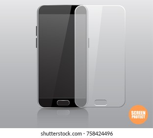 Vector screen protector film or glass cover. Screen protect Glass. Realistic smartphone vector