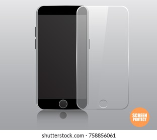 Vector Screen Protector Film Or Glass Cover. Screen Protect Glass. Realistic Smartphone Vector