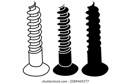 Vector screw icon set in outline, solid, and silhouette styles. Perfect for hardware, construction, tools, DIY, and engineering illustrations.