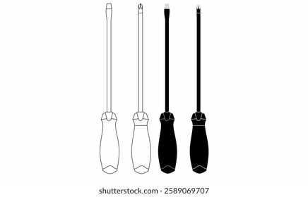 Vector screwdriver icon set featuring flathead and Phillips head in black and white. Ideal for toolkits, repair manuals, hardware stores, and technical designs