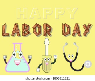 vector of screwdriver, stethoscope and measuring cup raising hands celebrating Labor Day, with letters shaped from wooden planks.