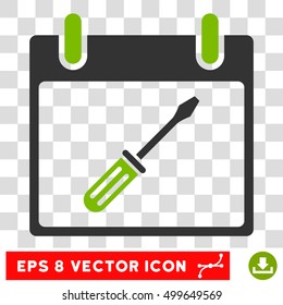 Vector Screwdriver Tuning Calendar Day EPS vector icon. Illustration style is flat iconic bicolor eco green and gray symbol on a transparent background.