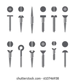 Vector screws nails and wall plugs icon collection. Nuts flat set. Constructor elements illustration. Repair bolt silhouettes. Building tools symbols