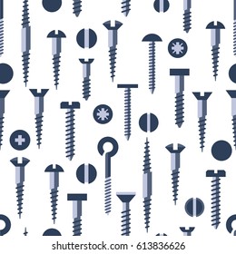 Vector screws nails and wall plugs flat icon seamless pattern. Nuts set. Constructor elements illustration. Repair bolt silhouettes. Building tools symbols