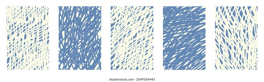 Coleção de texturas de linha infantil de rabisco de vetor. Fundo azul abstrato de rastejamento de lápis de cera. Formas de riscas de esboço retorcido caótico desenhado à mão. Funky bagunça crianças brincalhão padrões definidos