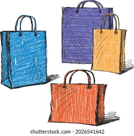 Vector scribble drawing of various colorful packets for purchases