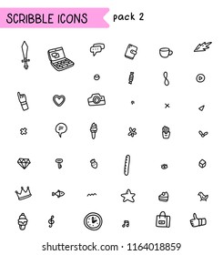 Vector scribble set of white and black color icon: sword, crown, camera, laptop and more. Line art style design of universal set of simple icon for web, site