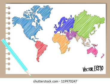 Vector, Scribble world map on paper note