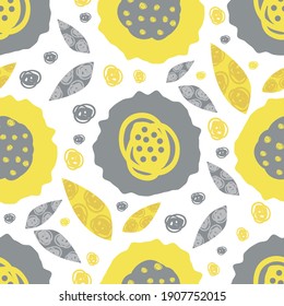 Vector scribbled abstract flowers and textured leaves. Seamless duotone pattern background. Hand drawn scattered yellow and grey florals on white backdrop. Fun design. Modern botanical repeat
