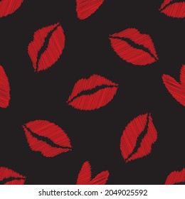 Vector scribbled lip seamless pattern background. High contrast red black backdrop with pencil drawing style lips. Scattered female kiss motif. Repeat for romance, love, Valentine Day celebration