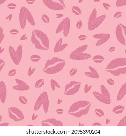 Vector scribbled lips and hearts seamless pattern background. Monochrome pink backdrop with pencil drawing style female kiss and heart motifs. Scattered Valentine icon repeat for romance, love