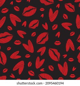 Vector scribbled lips and hearts seamless pattern background. Red black backdrop with pencil drawing style female kiss and heart motifs. Scattered Valentine icon repeat for romance, love, celebration.