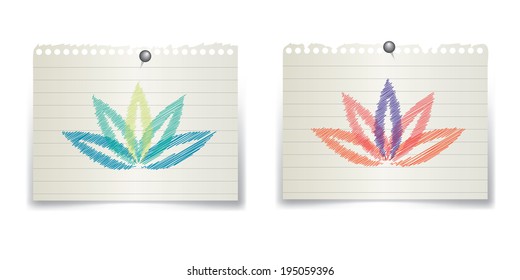 Vector scribbled lotus symbols on papers.