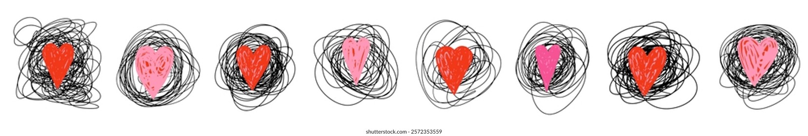 Vector scribbles, tangled black shapes with hearts, concept symbol for emotions, feelings, psychology and therapy
