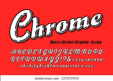 Vector script font in retro graphic linear chrome style. 1970s style cursive alphabet in white and black with shadow; Vintage broken-line shading effect